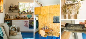 The plywood wall divides public living from private, with their bed lofted above the bathroom.