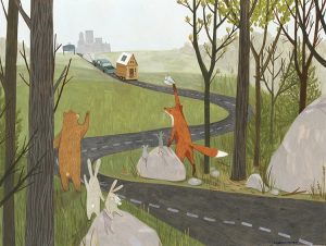 Rebecca Green illustration: Fox, bear, and a pair of rabbits wave goodbye to the tiny house on the winding road being pulled away off in the distance.
