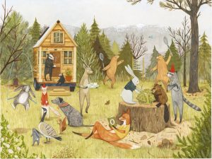A painting of forest animals playing in a meadow in front of a tiny house.