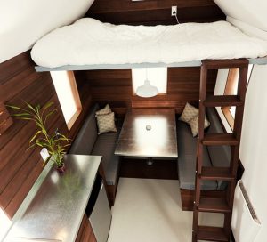 Miter Box Tiny House Sleeping Loft and Dinette from Storage Loft