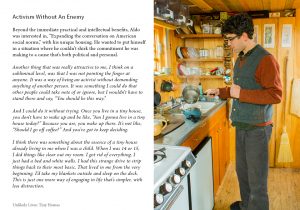 Aldo in his tiny house kitchen with the text for a short essay: Activism Without An Enemy