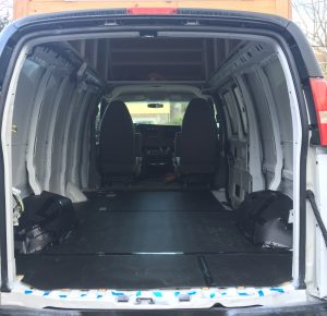MLV installed on the van floor. Seen from rear doors of the van.